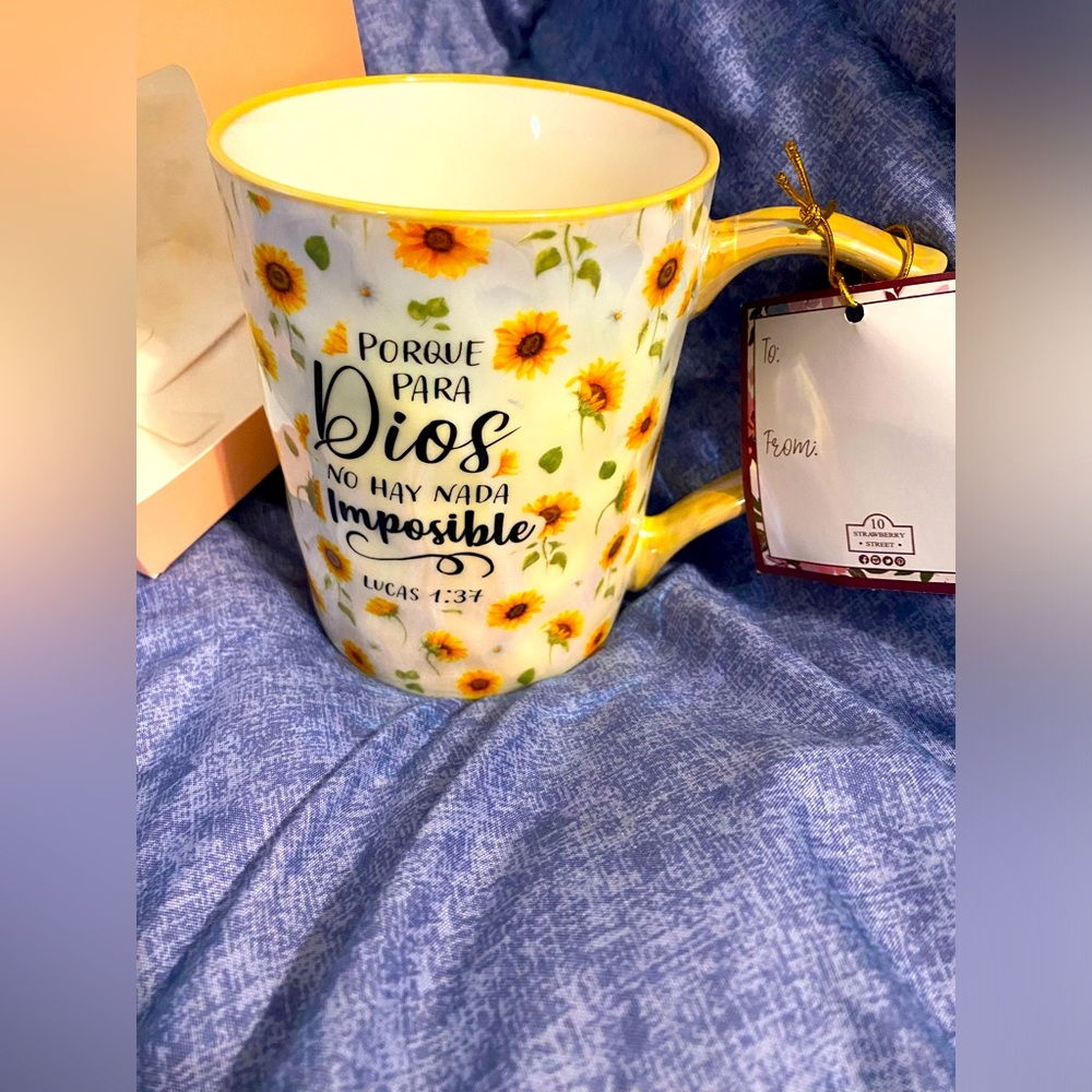 10 Strawberry Street Christian Religious Sunflower Spanish Mug Luke 1:37